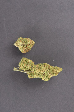 Two cannabis buds with green and orange hues placed on a gray background.