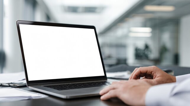 Laptop mockup with blank screen on office desk workspace