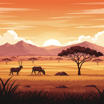 Vector illustration of an African savanna landscape at sunset with antelopes grazing near an acacia tree, silhouette mountains, and a large sun in a warm orange and yellow sky.