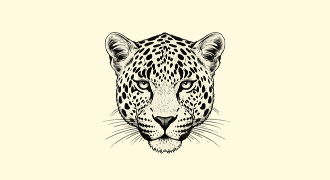 Symmetrical black and white line art illustration of a leopard head featuring intricate spot patterns and intense facial expression, isolated on a light background for mascot design.