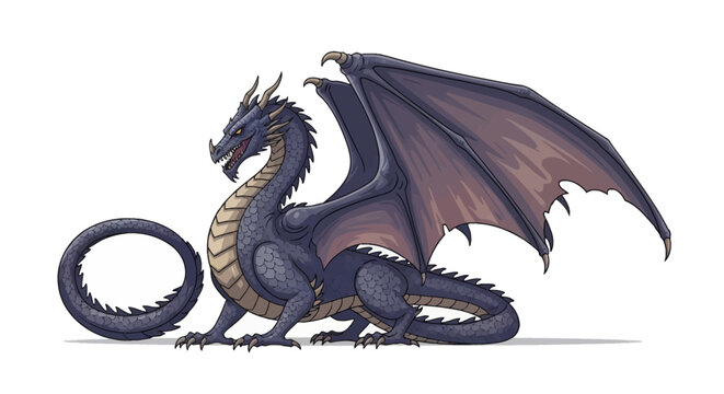 Detailed vector illustration of a mythical dark purple dragon with large spread wings, sharp claws, and scales, isolated on a white background, featuring a curved tail and horns.