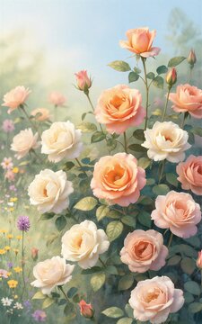 Soft peach roses bloom in a sunlit garden surrounded by wildflowers