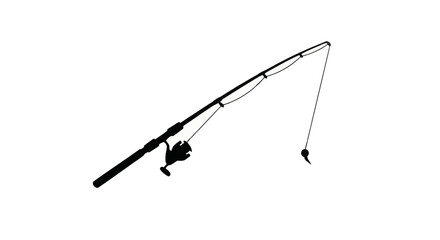Fototapeta premium Black silhouette of a fishing rod with a spinning reel, line, and lure hook, isolated on a white background. Detailed angling equipment for freshwater or saltwater sport fishing.