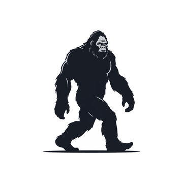Black silhouette of a Bigfoot Sasquatch walking, isolated on white background. Detailed graphic illustration of a muscular hairy cryptid monster with large feet in profile view.