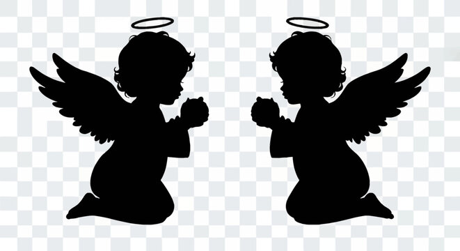 Black silhouette of two kneeling baby angels praying with wings and halos, facing each other on a transparent background, cherub figures for religious or decorative design projects.