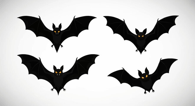 Set of four black bat illustrations with glowing yellow eyes and sharp fangs, flying nocturnal mammals with spread wings isolated on a light grey gradient background.