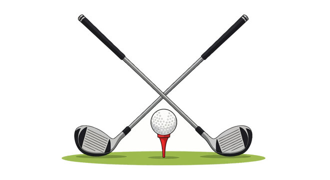 Vector illustration of two crossed golf clubs with metallic driver heads and black grips positioned behind a white dimpled golf ball resting on a red tee over a patch of green grass.
