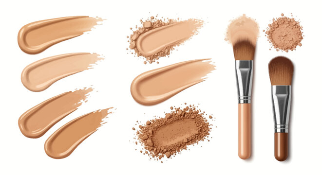 Cosmetic set featuring liquid foundation smears in various skin tones, crushed face powder textures, and two makeup brushes isolated on a white background for beauty design.