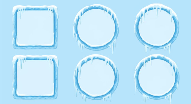 Set of square and round frozen ice frames with snow caps and hanging icicles on light blue background. Decorative winter borders and cartoon icy frames for game UI and graphic design.