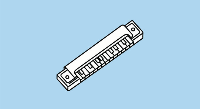 Isometric line art vector illustration of a harmonica mouth organ featuring a piano keyboard pattern on the comb, stylized minimalist outline icon for music equipment.