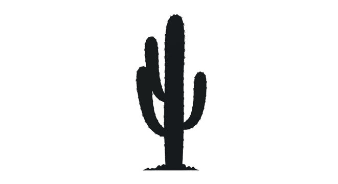 Saguaro cactus black silhouette featuring a central tall trunk with multiple curved arms and fine spikes, isolated on a white background, desert flora icon for graphic design.