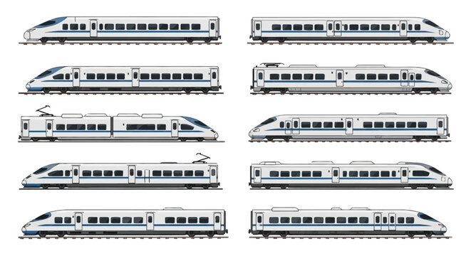 Collection of ten modern high-speed bullet train illustrations in side view profile. Featuring white and blue aerodynamic passenger rail cars on tracks isolated on white background.