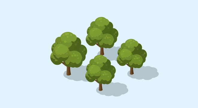 Set of four stylized green deciduous trees with rounded canopies and brown trunks shown in an axonometric perspective with soft shadows on a light blue background for design.