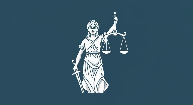 White vector illustration of Lady Justice wearing a blindfold, holding a balance scale and a sword, depicted in a flat graphic style against a solid dark teal background.