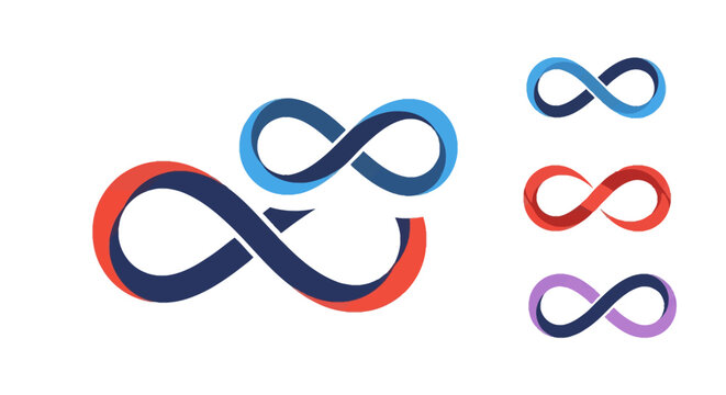 Set of four infinity symbol icons featuring a three-dimensional ribbon design with gradients. Collection includes dark blue, light blue, red, and purple variations on white.