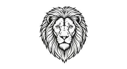Fototapeta premium Detailed black and white vector illustration of a lion head from a frontal perspective, featuring an intricate mane and symmetrical facial features isolated on a white background.