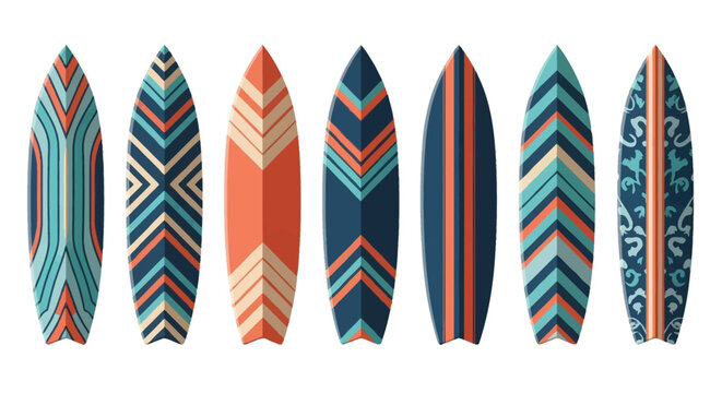 A set of seven vector surfboard illustrations featuring various colorful geometric patterns including chevrons, stripes, and decorative motifs, isolated on a plain white background.
