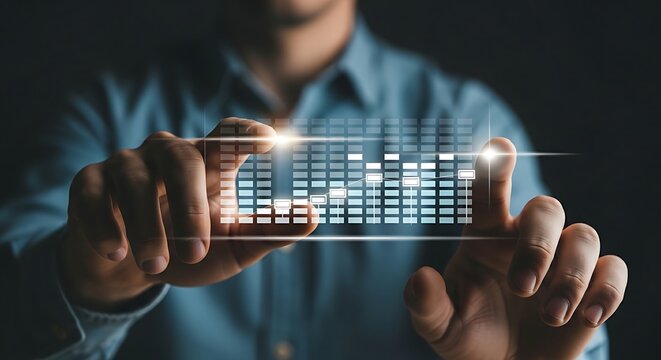 Fine-tuning and optimization concept. Close-up of hands interacting with a holographic sound equalizer, adjusting the bars to optimize a setting.