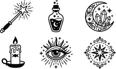 Naklejka premium Black and white mystical moon crystals magic wand candle eye and star line art vector