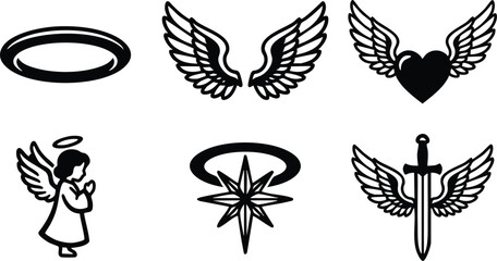 Fototapeta premium Black and white winged symbols including angel prayer sword heart and halo vector art