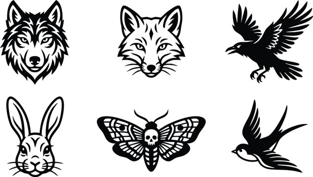 Black and white line art wolf fox raven rabbit death moth and swallow icons