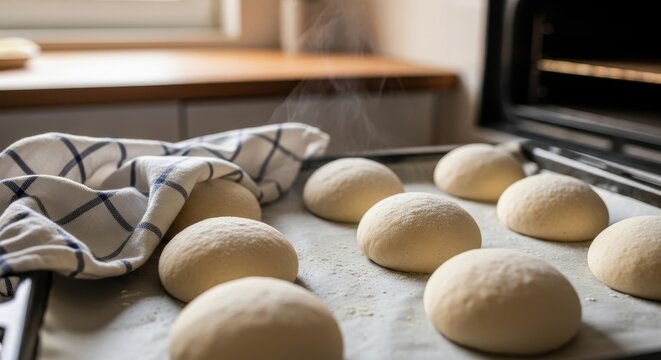 Freshly baked bread rolls on a baking sheet, ready to be put into the oven, with a kitchen towel nearby.