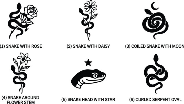 Black and white snake art with rose daisy moon and star motifs vector illustration