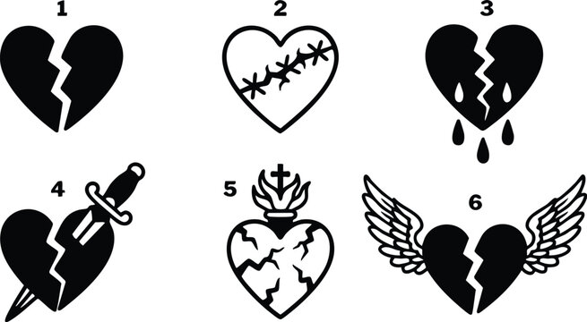 Black and white icons of broken hearts with tears wings dagger stitches and flaming cross