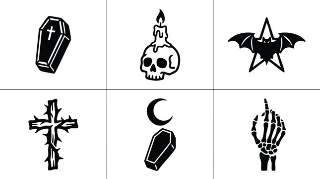 Black and white spooky coffin skull candle bat and skeleton hand vector art set