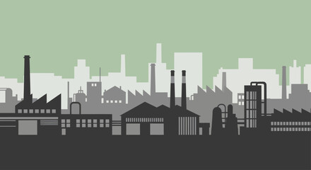 Obraz premium Industrial factory buildings and urban cityscape silhouette.