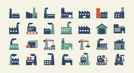 Obraz premium Industrial factory buildings and manufacturing plants icon set.