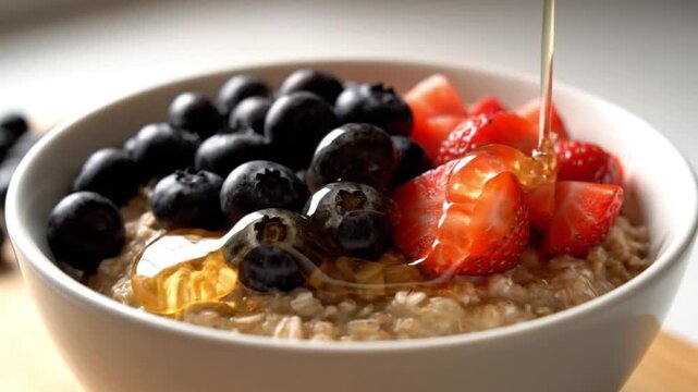 Delicious and nutritious oatmeal breakfast bowl adorned with vibrant blueberries and sweet strawberries, elegantly drizzled with golden honey for a perfect start to the day