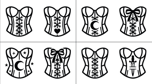 Black and white lace up corset icons with moon bow heart dagger symbols