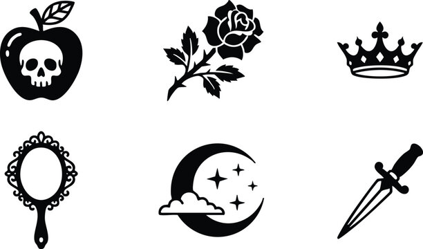 Black and white vector art with poison apple skull rose crown mirror moon and dagger icons