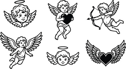 Fototapeta premium Black and white cherub angels with hearts and bow vector art