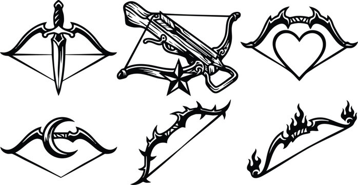 Black and white vintage crossbow and bow icon set with heart moon stars flames and dagger details