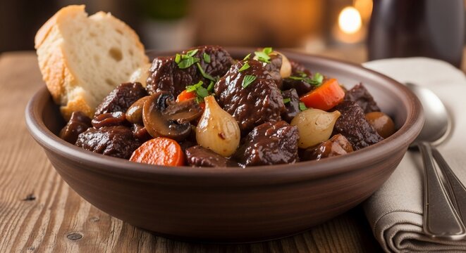 Beef stew with vegetables and bread