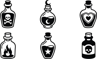 Naklejka premium Black and white potion bottles with skull heart flame moon star symbols vector art