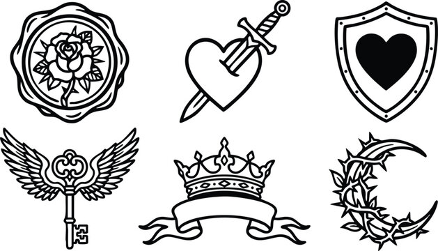 Black and white line art heart shield rose key crown and thorn crescent symbols
