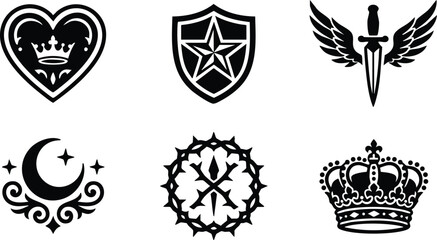 Fototapeta premium Black and white heraldic symbols including crowned heart shield star dagger wings crown and thorn wreath
