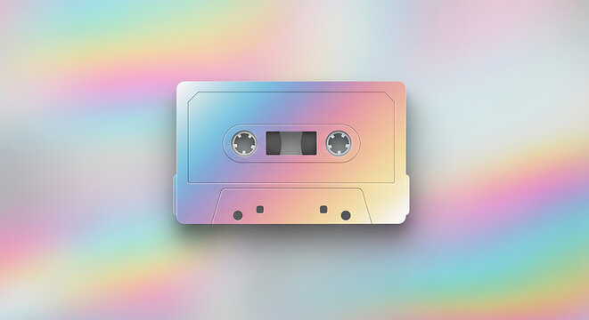 Retro audio cassette tape with a pastel rainbow holographic gradient background, evoking nostalgia and vibrant colors