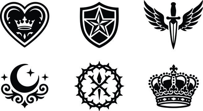 Black and white heraldic symbols including crowned heart shield star dagger wings crown and thorn wreath