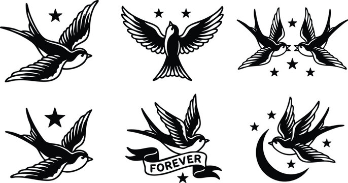 Black and white vintage swallow birds with stars and moon in classic tattoo style