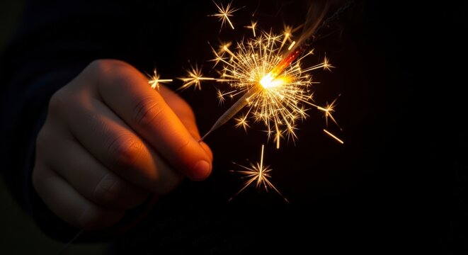 Hand holding sparkler in dark background.