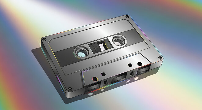 Relive the golden era of sound with this vibrant illustration of a classic metallic audio cassette tape, evoking nostalgia for vintage music technology and analog charm