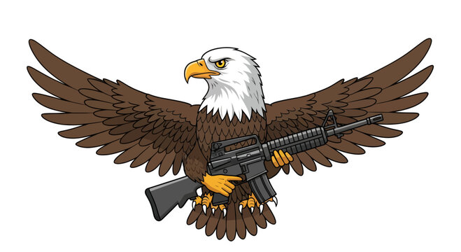 Patriotic American Bald Eagle Holding Assault Rifle Vector Illustration in Cartoon Style Representing Freedom, Strength, and National Defense Emblem