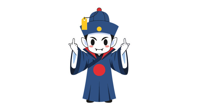 Playful Chibi Chinese Vampire Character with Rude Gesture Vector Illustration in Flat Cartoon Style for Humorous Halloween Designs and Spooky Undead Concepts