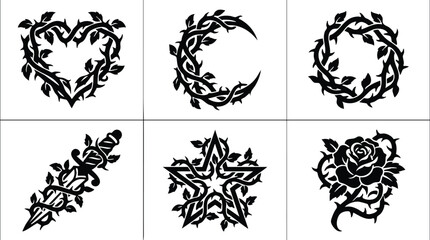 Black thorny vine shapes with heart moon star rose and dagger silhouette vector art