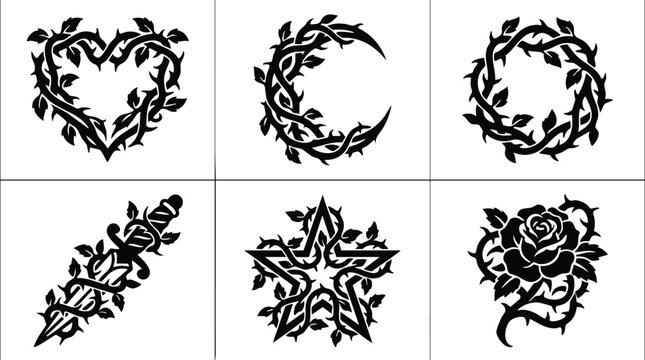 Black thorny vine shapes with heart moon star rose and dagger silhouette vector art