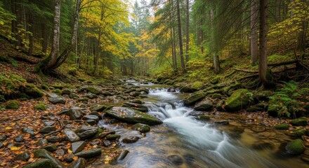 Obraz premium Forest Stream Flowing Through Lush Green Landscape.